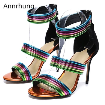 

Colorful Narrow Band Gladiator Sandals Women 10cm Thin High Heels Sexy Open Toe Cover Heel Back Zip Party Shoes Woman