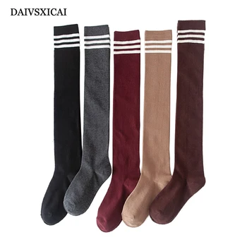 

DAIVSXICAI 1pairs/lot=2pieces Retro Academy Three Bar Long Tube Womens Socks Fashion Cotton Over Knee Socks Casual Ladies