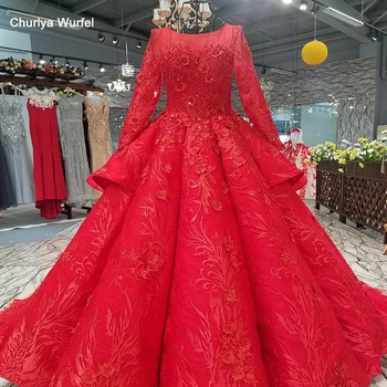

LS2771 red brides wedding party dresses with peplum o-neck long tulle sleeve lace up back beauty cheap evening dress real price