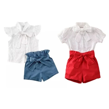 

Summer Baby Girls Bowknot Hollow Out Shirt Top Sash Short Outfit 2 PCs Toddler Kids Clothes Sunsuit 1-6T