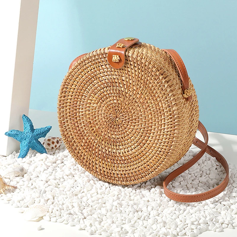 

Женская Соломенная Сумка Tangde, летняя круглая плетеная сумка ручной работы из ротанга, богемная сумка через плечо, 2020