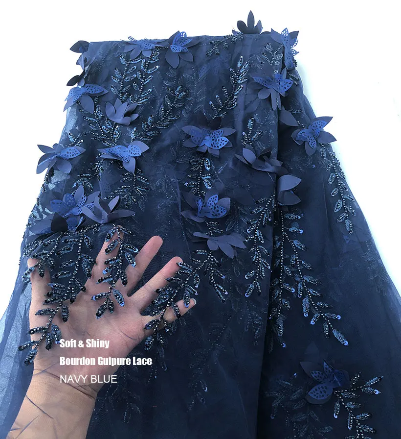 Navy blue 5 ярдов классические Блестящие Блестки французское кружево с хрустальными бусинами африканская Свадебная Тюль кружевная ткань нигерийская Гана швейная одежда - Цвет: Navy blue