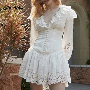 

2020 Autumn New Women's Fashion White Sexy V-neck Lantern Sleeve Ruffled Hollow Mini Dress Bodycon Club Party Dress Vestidos