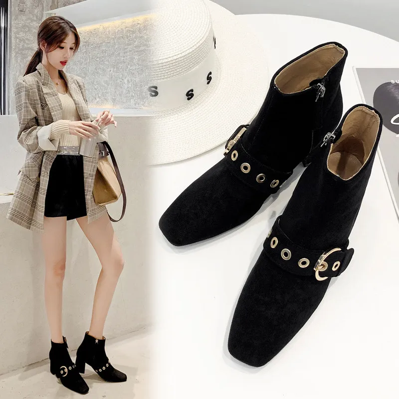 

Bootee Woman 2019 Pointe Shoes Chunky Heel Lady Boots Leather Booties Zipper Luxury Designer Winter Women Pointy Ladies High