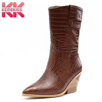 

KemeKiss Plus Size 33-46 Women High Heel Boots Brand New Warm Winter Shoes Women Casual Pointed Toe Sexy Mid calf Boots Add Fur