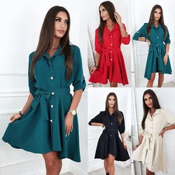 Vestido con cinturón y botones en la cintura, color liso, novedad de 2022