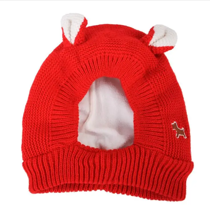 Шляпа для животных, зимние теплые вязаные шапки для собак с милыми заячьими ушками, бархатная вязаная шапка для собак среднего и большого размера, теплая ветрозащитная шапка - Цвет: Red