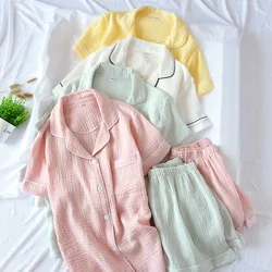Japanese-style New Summer Ladies Cotton Double-layer Crepe Gauze Short-sleeved Shorts Pajamas Suit Large Size Home Service Women