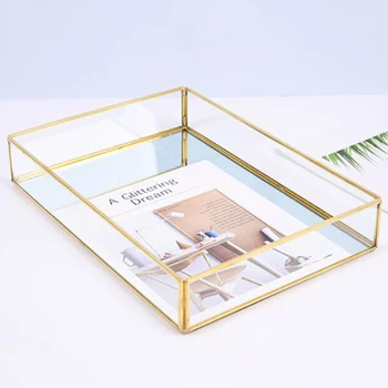 

Glass Bathroom Golden Copper Cosmetic Jewelry Storage Organizer Tray Plate