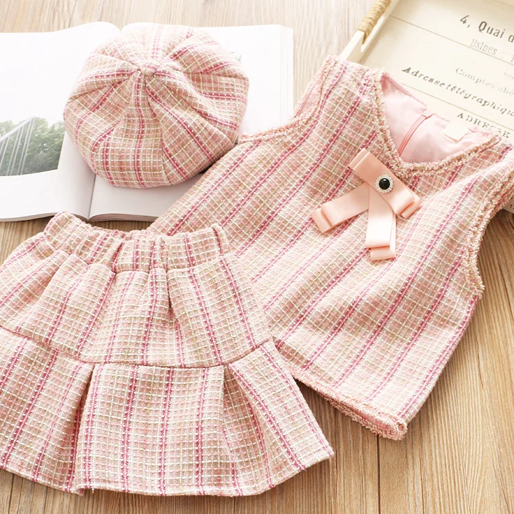 Милый модный осенний комплект одежды принцессы, Детский жилет с бантом для маленьких девочек, жилет+ юбка-пачка+ береты, шапка, комплект из 3 предметов, S9734 - Цвет: Pink