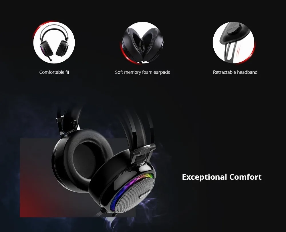 Игровая гарнитура Tronsmart Glary 7,1 Virtual Surround Sound стерео звук с цветное светодиодное освещение USB интерфейс микрофон для ПК