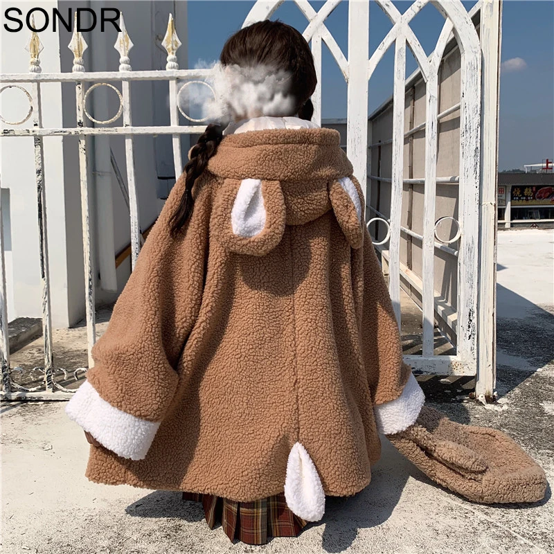 

Kawaii Girly Woolen Coat Japanese Lamb Fur Winter New Loose Teddy Jacket Faux Fur Soft girl Cute Bear Ears Brown Warm Outerwear