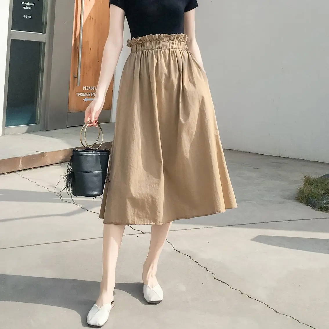 

2019 Korean-style Spring And Autumn New Style Fashion Hong Kong Flavor High-waisted Fairy Skirt Elegant Mid-length A- line Skirt