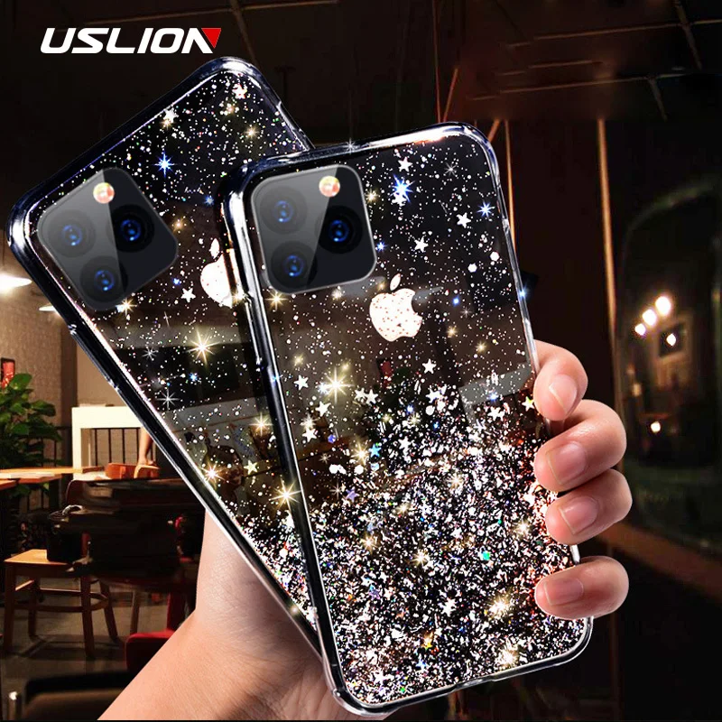 USLION Блестящий Прозрачный чехол для телефона для iPhone 11 Pro Max X XR Xs Max блестящий порошок Мягкий силиконовый чехол для iPhone 6 6s 7 8 Plus