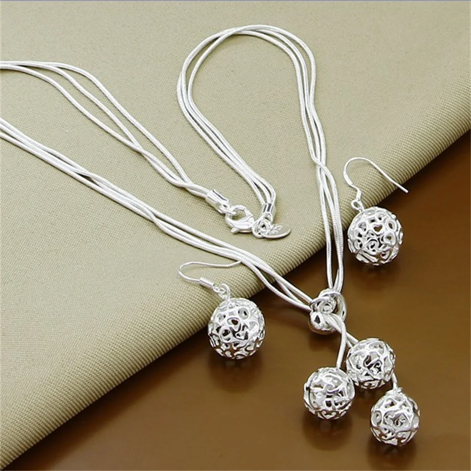 

2022 New 925 Sterling Silver Pendant Ball Snake Chain Necklace Earrings Fashion Jewelry Set For Women Men Fine ​Jewelry Gift
