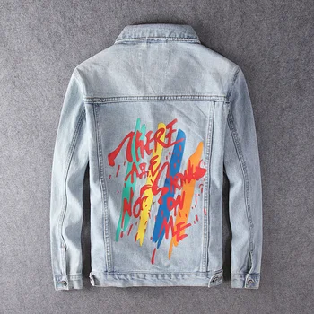 

Fashion Streetwear Men Jackets High Quality Retro Blue Printed Designer Hip Hop Jackets Hombre Punk Style Denim Biker Jacket Men