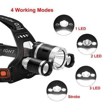 T20 LED Headlamp High Lumen 3/5 LED Light Ultra Bright Headlight USB Rechargeable 4 Modes Flashlight Waterproof  Fishing Hunting 4