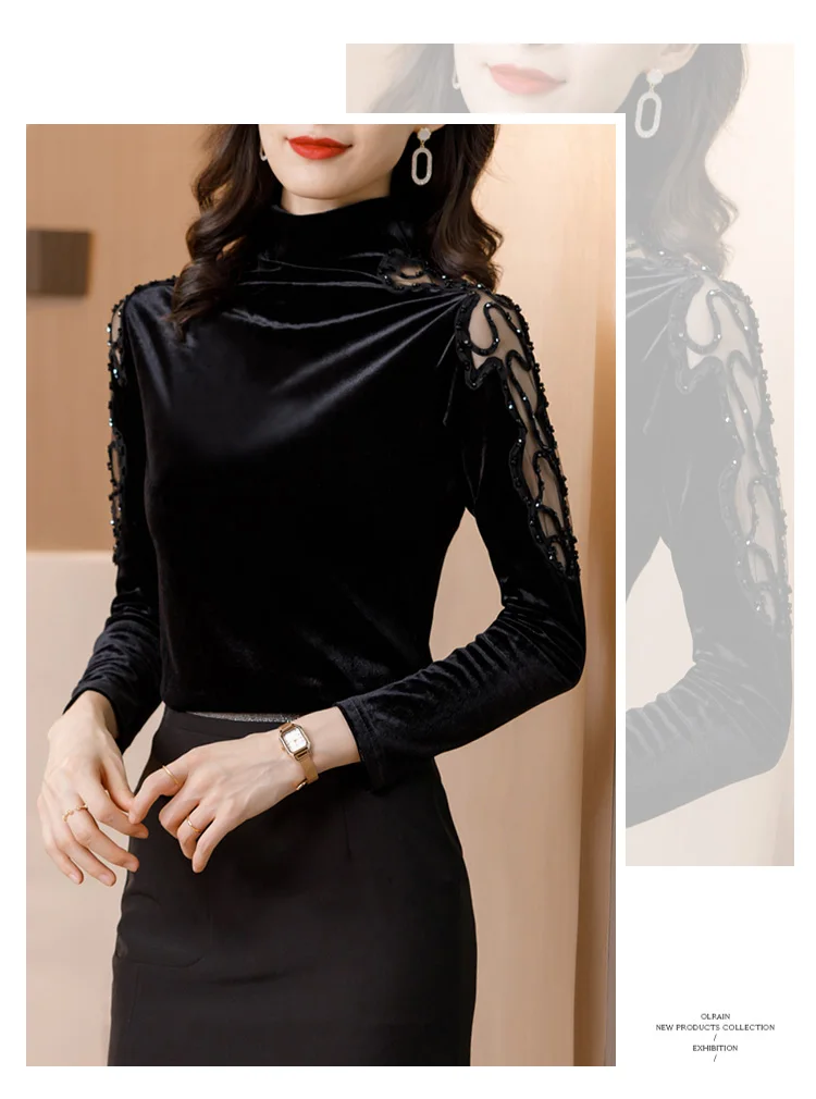 New 2020 Autumn winter woman tshirts Korean fashion slim high neck velvet t-shirt embroidered long sleeve bottoming shirt