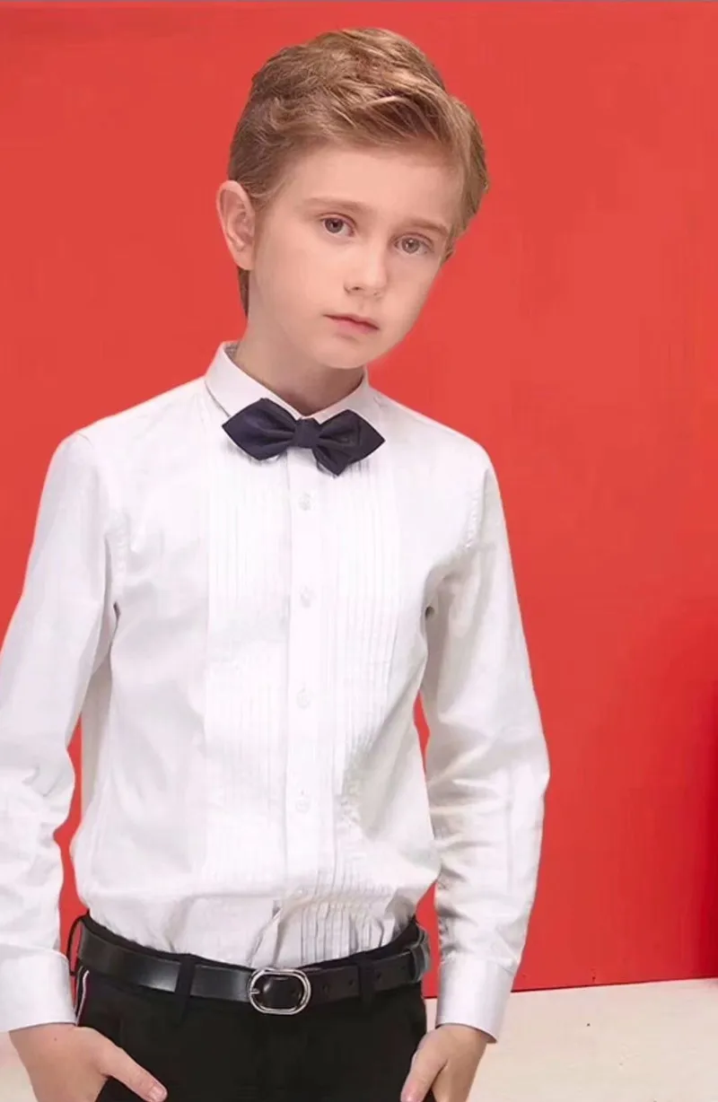Одежда высшего качества детская одежда для мальчиков; рубашки для мальчиков; модная детская одежда в английском Стиль с галстуком-бабочкой одноцветные Детские хлопковые рубашки для От 4 до 13 лет для мальчиков