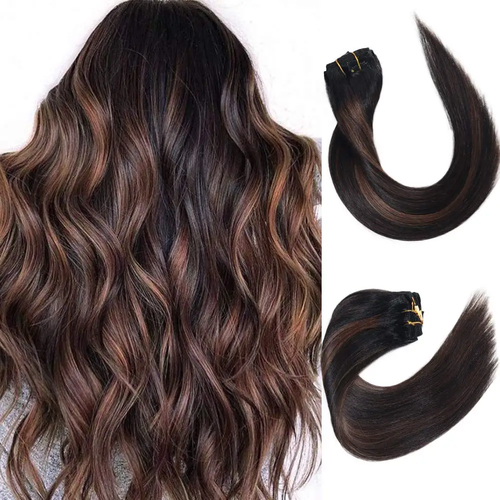 Human Hair Extensions Black With Light Brown Highlights Clip In Human Hair  Extensions Full Head Clip In Hair Extensions - Clip-in Hair Extensions -  AliExpress