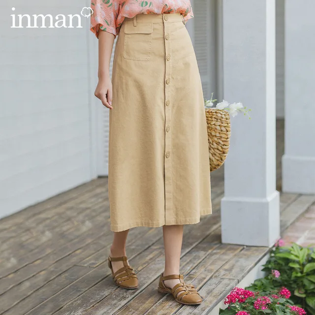 US $16.70 INMAN 2020 Summer New Arriavl Cotton and Linen Commuting Concise Style A-line Retro Skirt