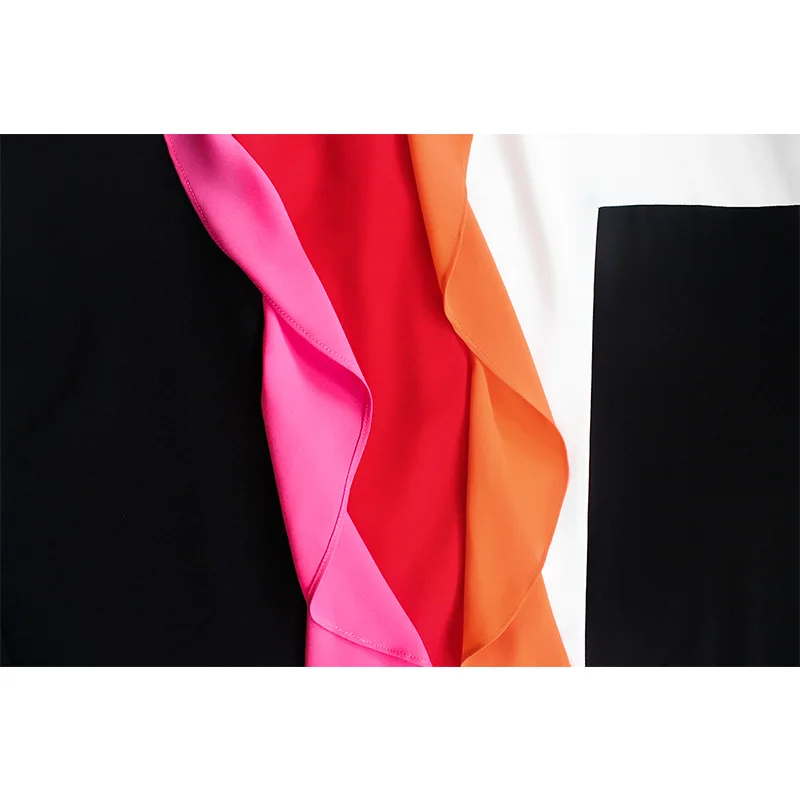 Romantic Design Elegant Stylish Elegant Women Fashion Loose Long Dresses Flare Sleeve Contrast Color Ruffles Dress High Quality
