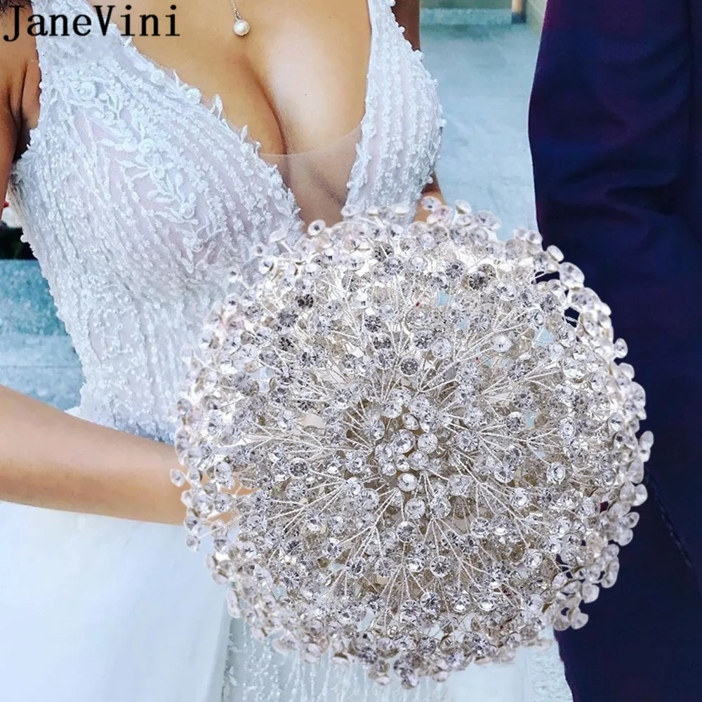 JaneVini Luxury Handmade Wedding Bouquet Accessories Bridesmaid Flowers Brooch Silver Crystal Rhinestone Flower Bridal Bouquets