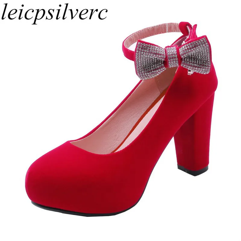 

Women Pumps Super High Heel Shoes Spring Autumn Flock Round Toe Crystal Buckle Platform 2019 Sexy Fashion Casual Red Blaack Blue