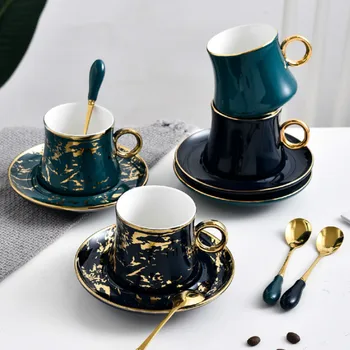 

High Capacity Luxury Ceramic Green Coffee Cup European Teacups Bone China Textured Porcelain Tea Cup and Saucer Set Gift MM60BYD