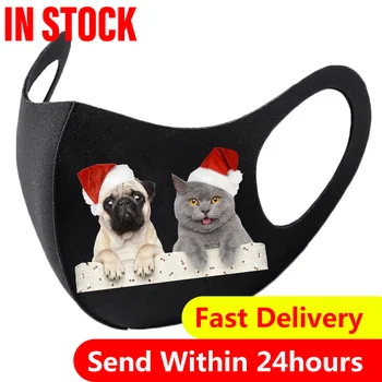 

1pc Black Mask Protective Reusable Washable Face Mask Unisex Adults Christmas Cat Dog Printed Mouth Cover Funda Mascarilla Py6