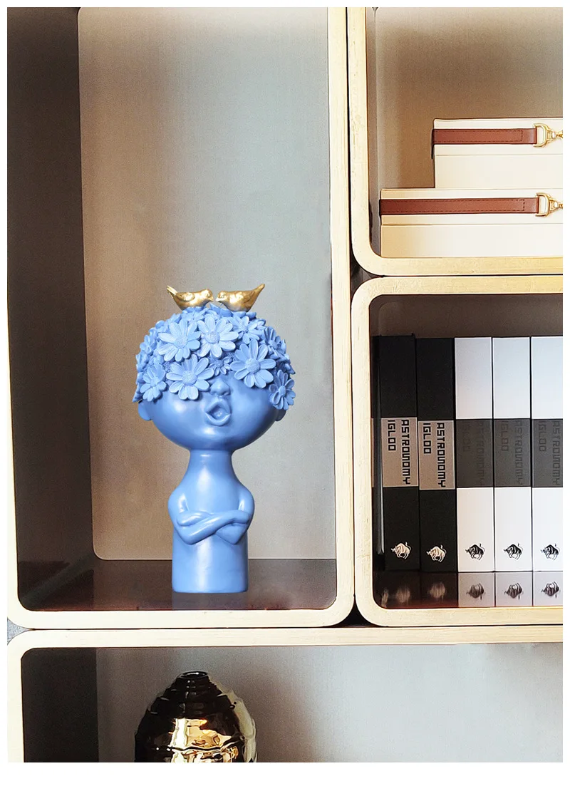 Kids Room Decorations Creative Boy With Bird Figurines Resin Little Bust Statue Kids Room Decor Accessories TV Cabinet Ornaments