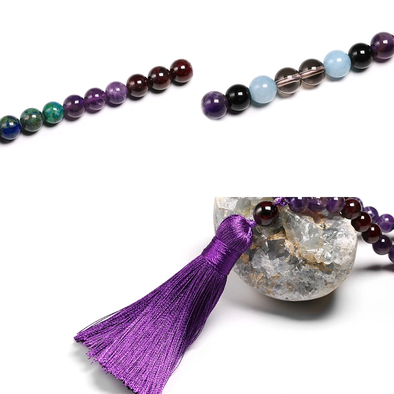 8mm Natural Garnet Necklace Chrysocola Azurite Bracelet Onyx Beads Jewelry Set, Meditation 108 Mala Handmade Tassel Yoga Gift