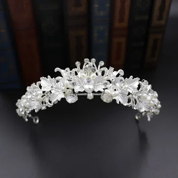 

Hot-selling bridal crowns in Europe and America, alloy high-quality crystal pearl leaves, handmade crowns, wedding accessories,