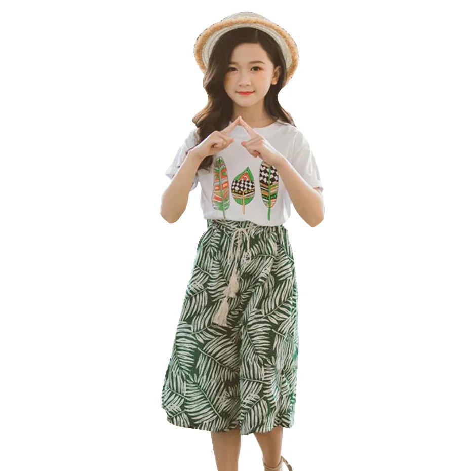 Одежда для девочек футболка с принтом и штаны 2 шт. одежда свободные брюки