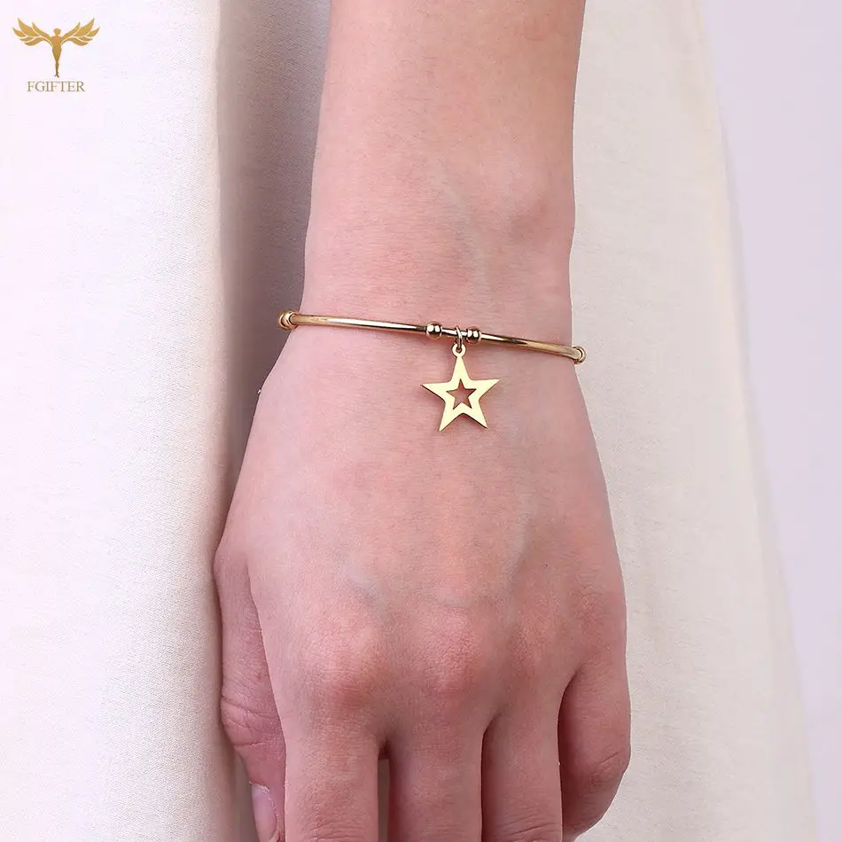 Hollow Star Bracelet Pendant Golden Stainless Steel Woman Bangle Five-pointed Star Bead Ball Open Bracelet Woman Fashion Jewelry 5