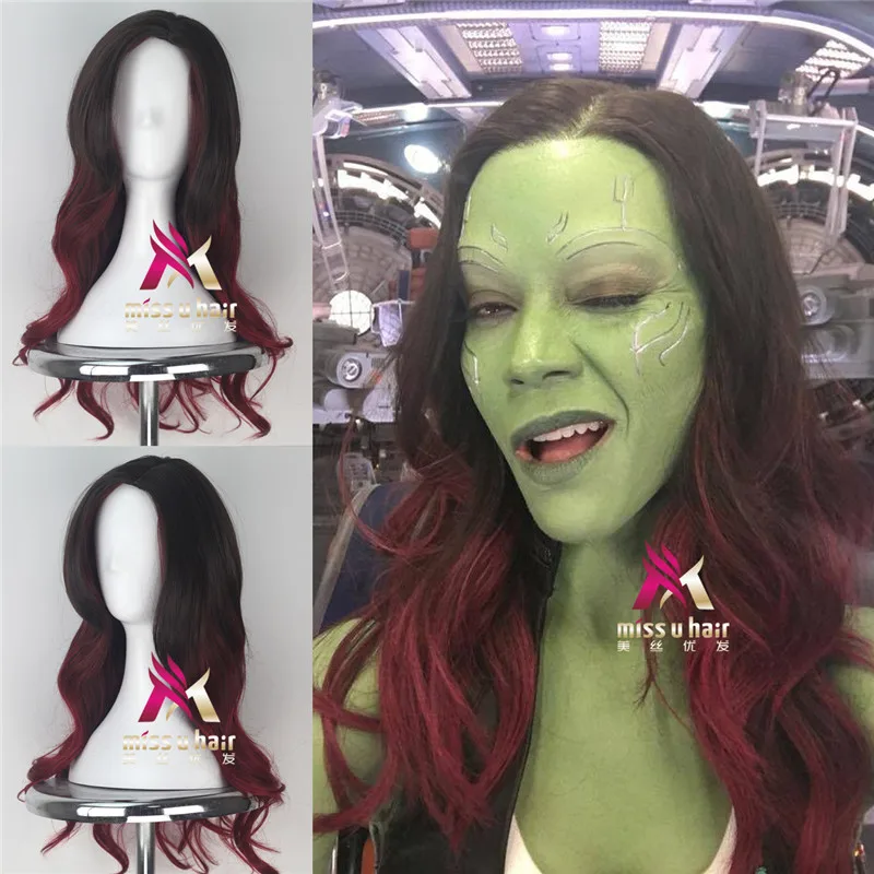 

New Movie Guardians of the Galaxy 2 Gamora Cosplay Wig Women Long Wavy Gradient Black Red Hair Cosplay Halloween Wig + Free Wig