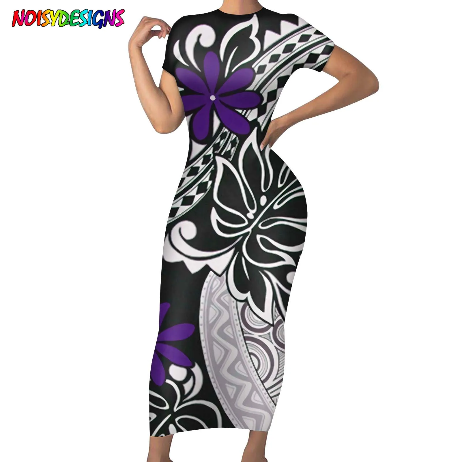 

NOISYDESIGNS Summer Party Lady Short Sleeve Slims Fit Bodycon Pencil Dress Samoan Plumeria Floral Dress Woman Long Dresses