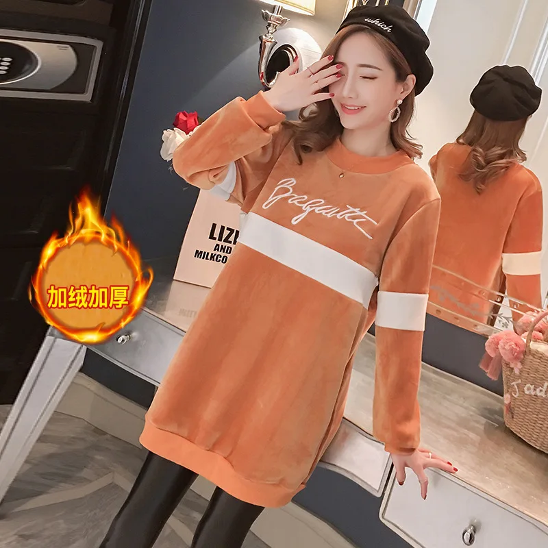 

Fashion Models 2018 New Style Maternity Top Autumn And Winter plus Velvet Gold Velvet Joint Hoodie Thick Lactation Garment Dress