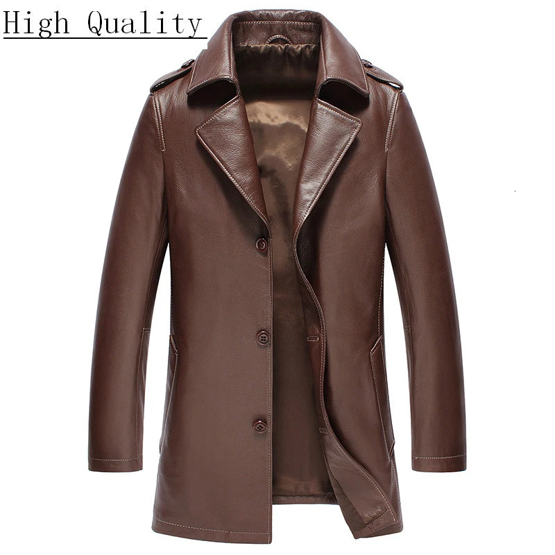 Мужская кожаная куртка из козьей шкуры Длинная ветровка коричневого цвета