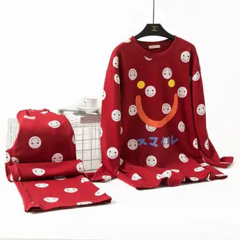 

Autumn Long-Sleeved Two-Piece Suit Terry Smiley Face 100% Cotton Pajamas Women Loose Home Wear Lace Sweet Trousers Sleepwear