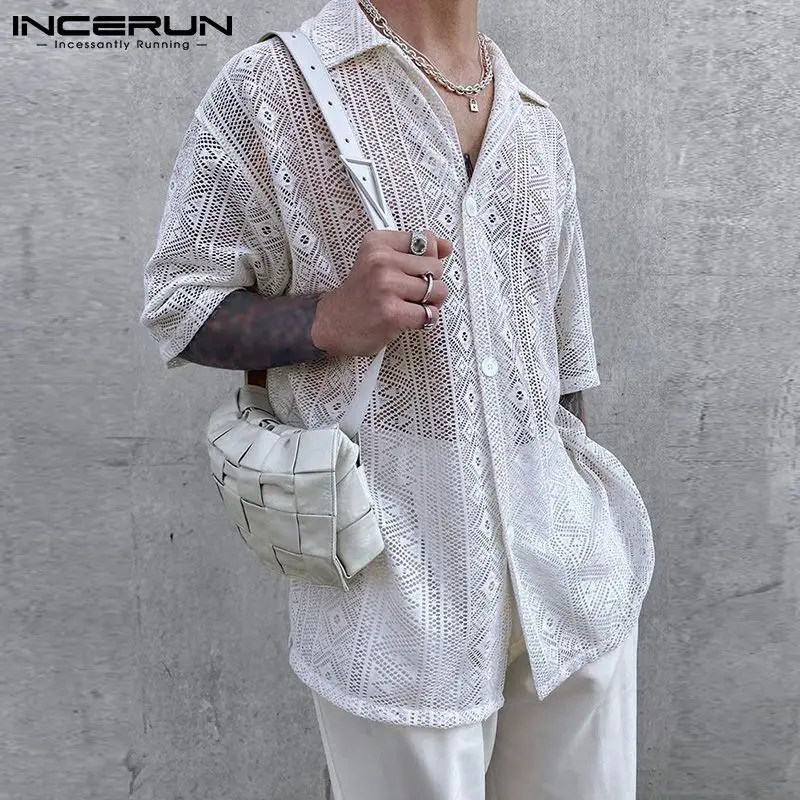 Men See Shirt INCERUN Men Shirt Mesh See Through Lapel Sexy Short Sleeve Lace Button Camisas Streetwear Party Nightclub Men Clothing 7