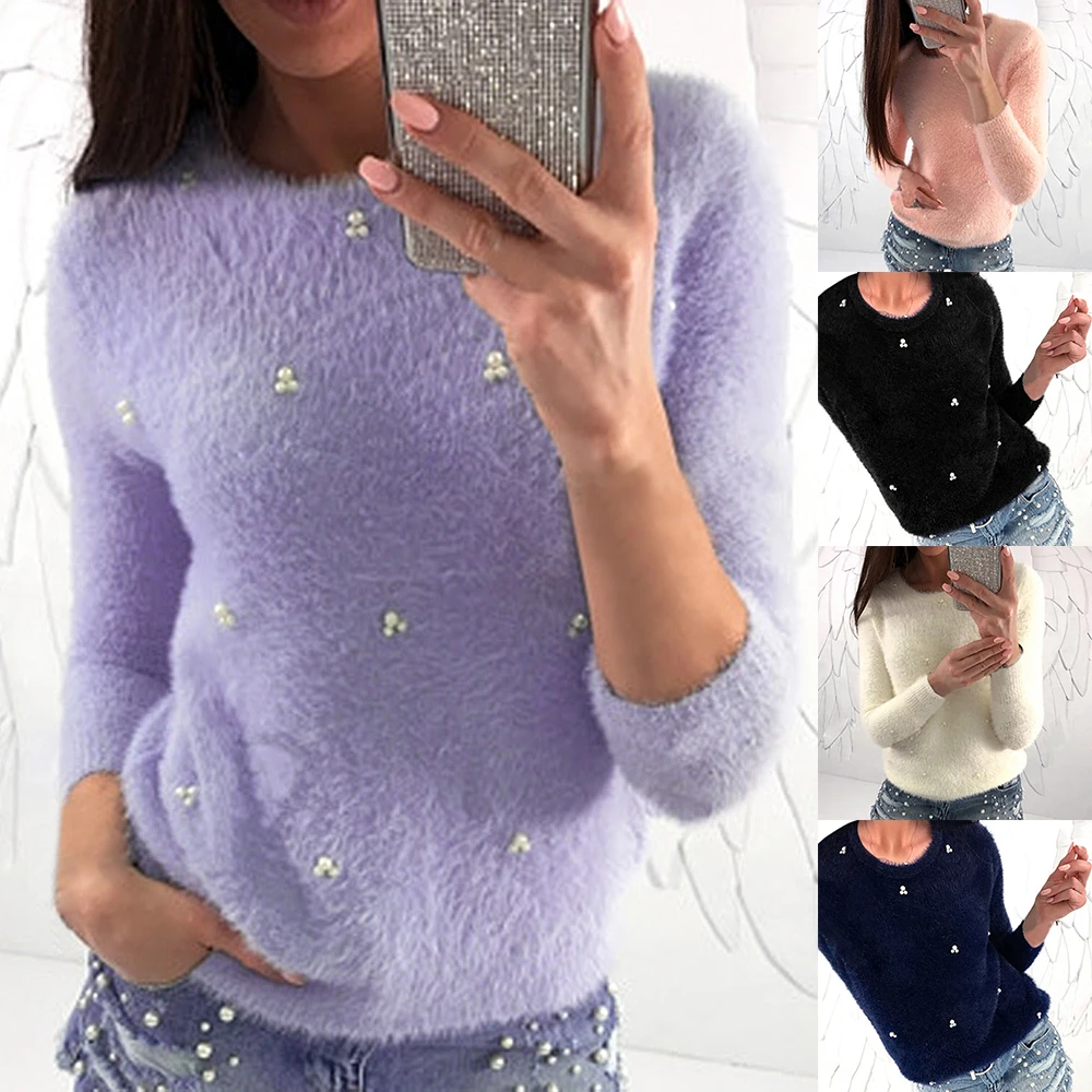 Dihope 2020 Autumn Winter Sweater Women Pullover Bead Plush Knitted Sweater Female Pull Femme Hiver Jersey Mujer Plus Size S-5XL