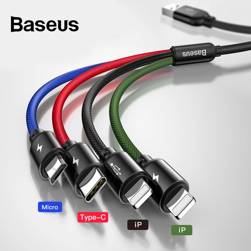 Baseus 3 в 1 USB кабель для iPhone samsung Xiaomi мульти Быстрая зарядка зарядное устройство usb type C type-c Micro USB кабель для мобильного телефона