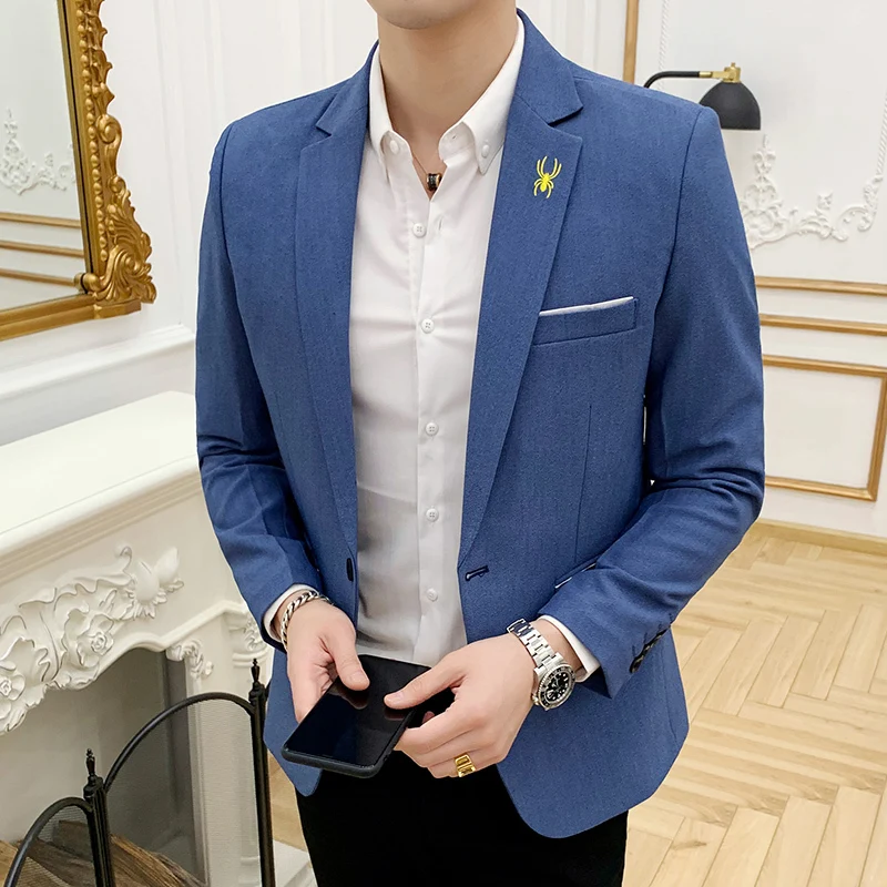 

2019 Spring New Pattern Spider Embroidery Men Jacket Korean Slim Fit Sleeve Small Suit Black Blazer Masculino Man Blazer Hombre