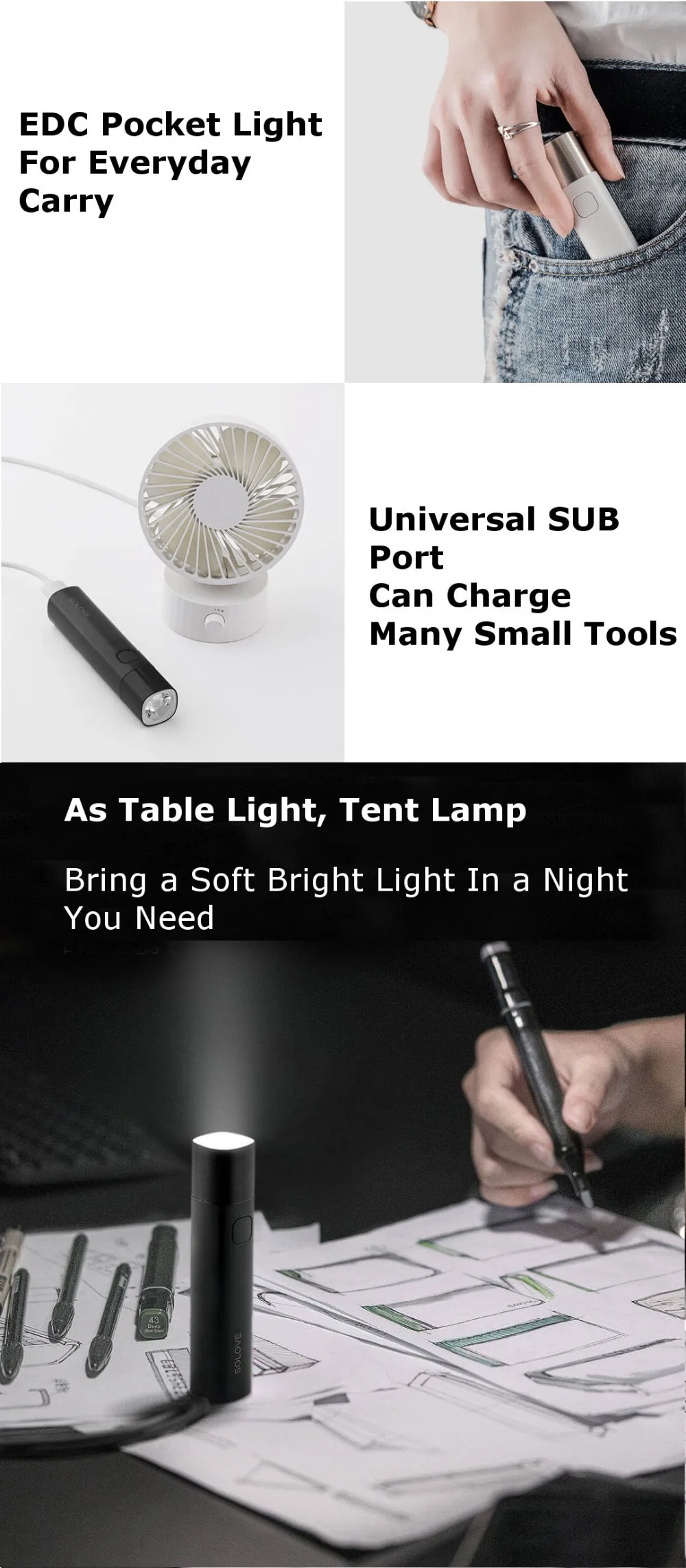 Original Xiaomi SOLOVE X3 LED Flashlight 3000mAh Mobile Power USB Multi-function Brightness Torch Power Bank Portable Lighting cool flashlights