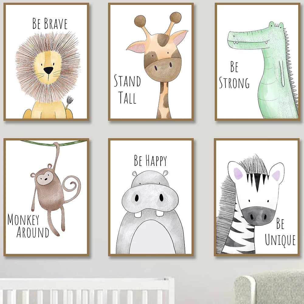 

Nursery Room Animal Prints & Posters Inspirational Quote Giraffe Monkey Lion Be Brave Strong Happy Canvas Painting Picture Decor