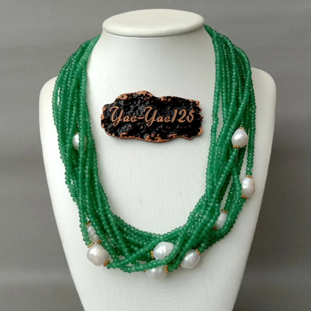 

20" 10 Strands Faceted Green Jade White Pearl Necklace