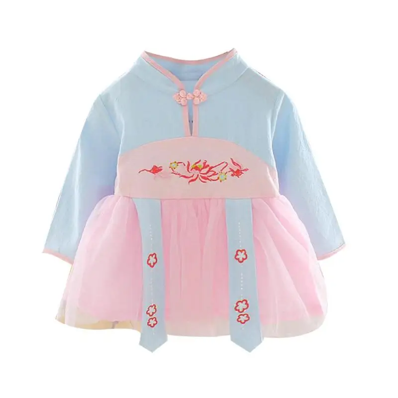 Light Blue Осеннее китайское платье с круглым вырезом и вышивкой в античном стиле детские вязаные платья весенне-осенние вечерние платья для маленьких девочек - Цвет: Light Blue