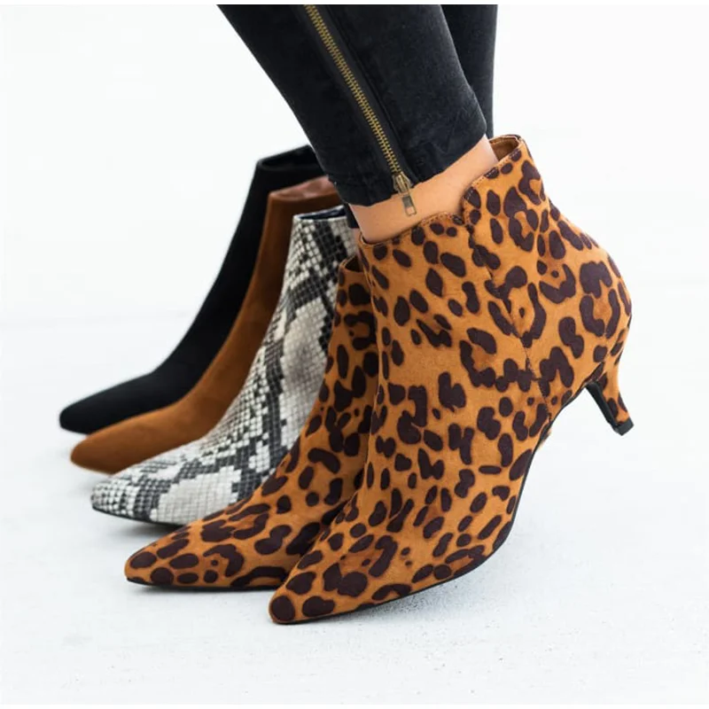 

Autumn Women's Ankle Boots Leopard Female Zip Pointed Toe Woman Snakeskin Stilettos Plus Size Sexy Ladies Suede Female Shoes