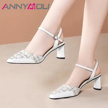 

ANNYMOLI High Heels Women Pumps Natural Genuine Leather Strange Style High Heel Shoes Mixed Colors Buckle Square Toe Shoes Lady